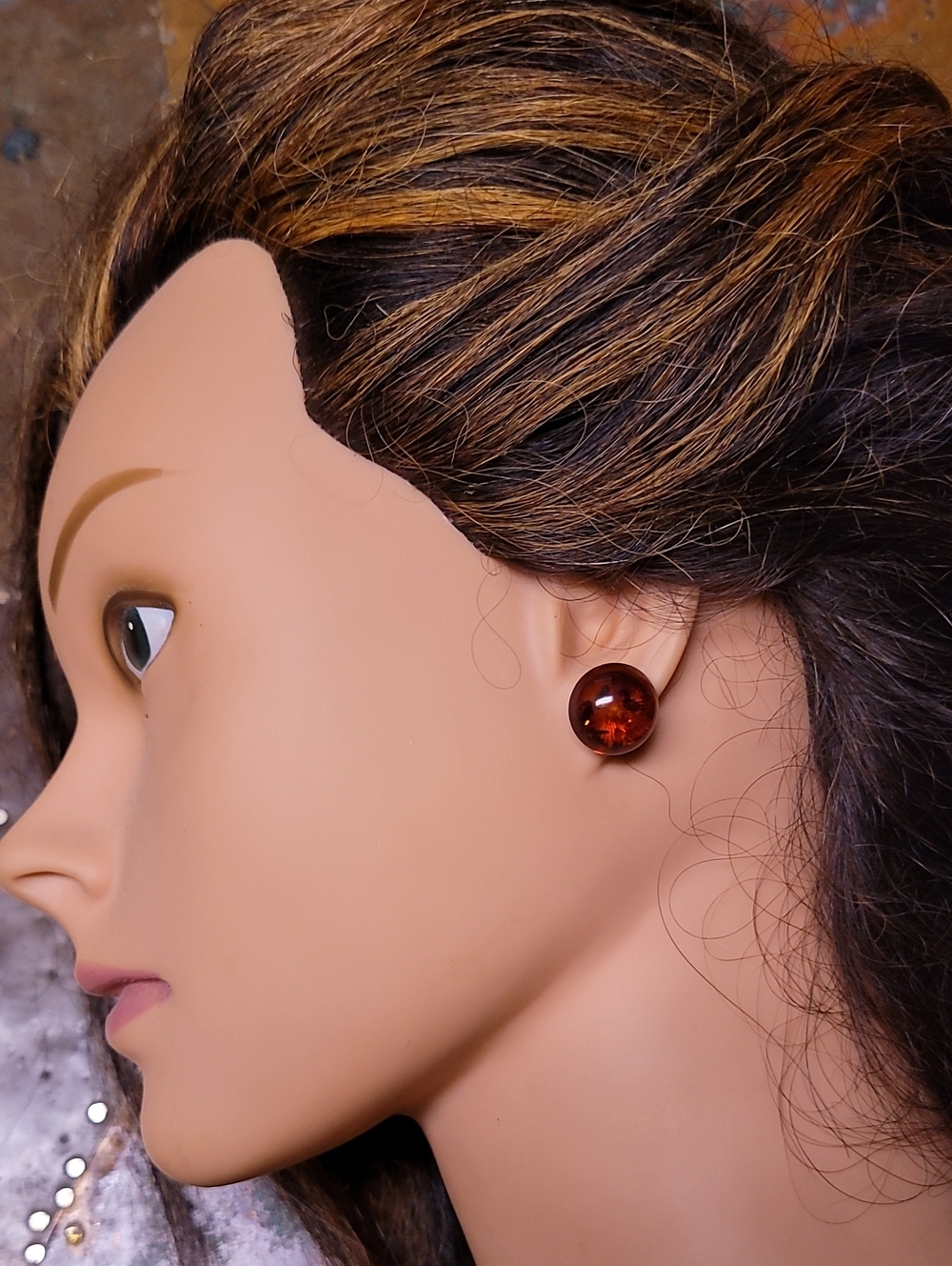 Classic Vintage Amber Brown Round Stud Earrings 925 Silver - Women Jewelry